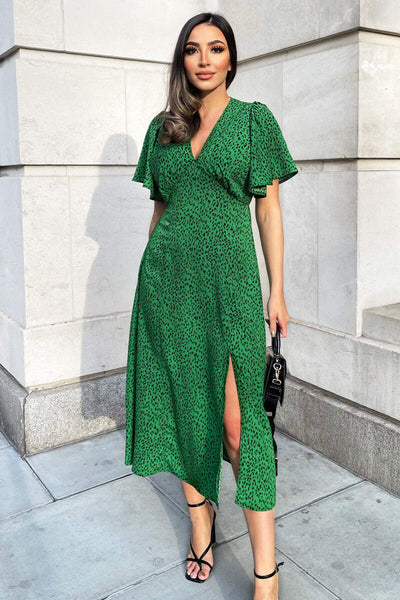 Green Printed V-Neck Short Sleeve Midi Dress AX Paris US Green Printed V-Neck Short Sleeve Midi Dress AX Paris US
