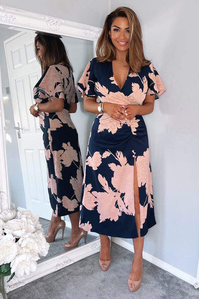 Navy Blue Pink Blush Blue Floral Dress Light Blue Floral Sleeveless Ruffle  Tiered Maternity Midi Dress