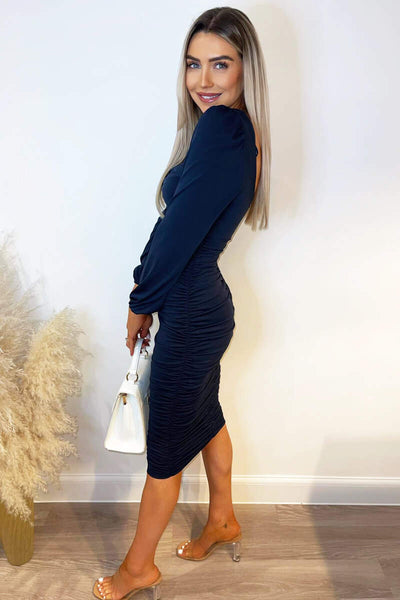 Navy Square Neck Ruched Long Sleeve Midi Dress AX Paris US Navy Square Neck Ruched Long Sleeve Midi Dress AX Paris US
