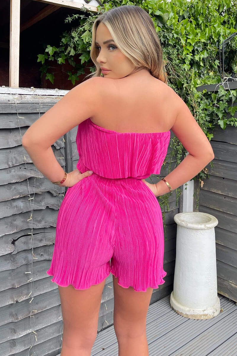 Cerise Plisse Bardot Playsuit