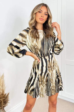 Brown Printed Long Sleeve Mini Skater Dress