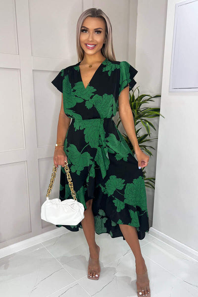 Black Dress with Green and Red Flower Print