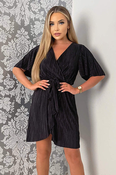 Black Wrap Top Belted Short Sleeve Plisse Mini Dress – AX Paris US