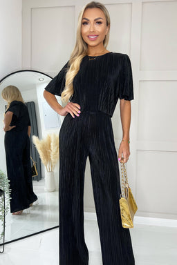 Black Plisse Straight Leg Trousers