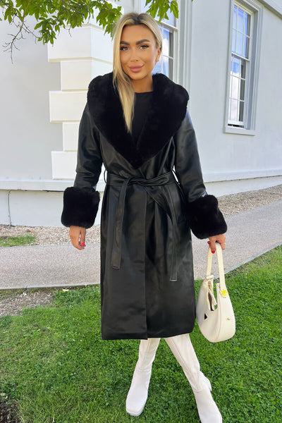 Black Faux Fur Trim Leather Look Long Coat – AX Paris US
