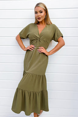 Khaki Twist Front Maxi Smock Dress
