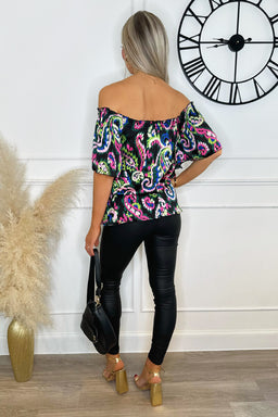 Multi Print Bardot Frill Sleeve Top