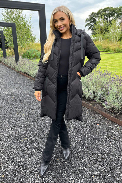 Black Hooded Long Line Puffer Coat – AX Paris US
