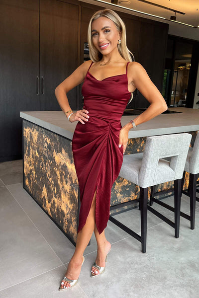 AX Paris Women's Wine Satin Strappy Cowl Neck Gathered Skirt Midi Dress | Size: 14