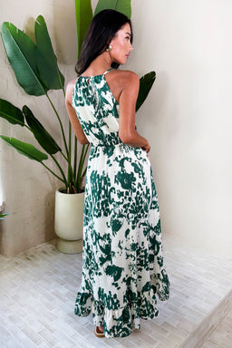 Multi Printed Frill Hem High Neck Midi Dress