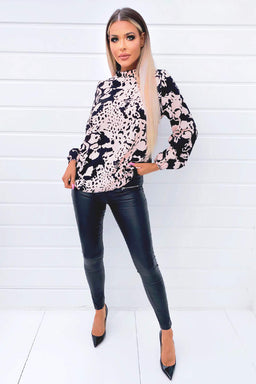 Black Nude Abstract Print High Neck Blouse
