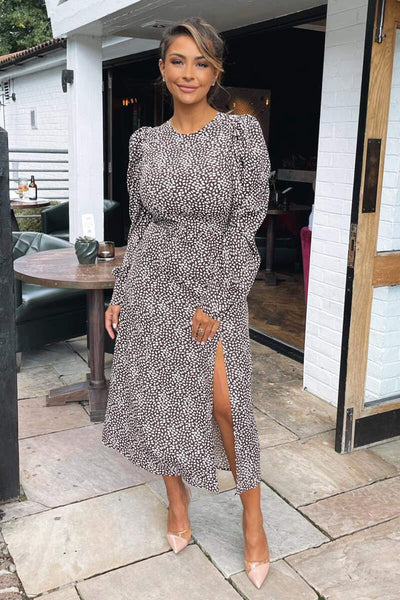 Brown Printed Long Sleeve Split Leg Midi Dress – AX Paris US