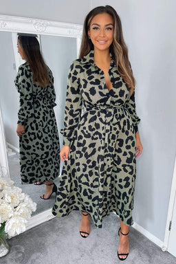 Khaki Animal Print Button Up Midi Dress