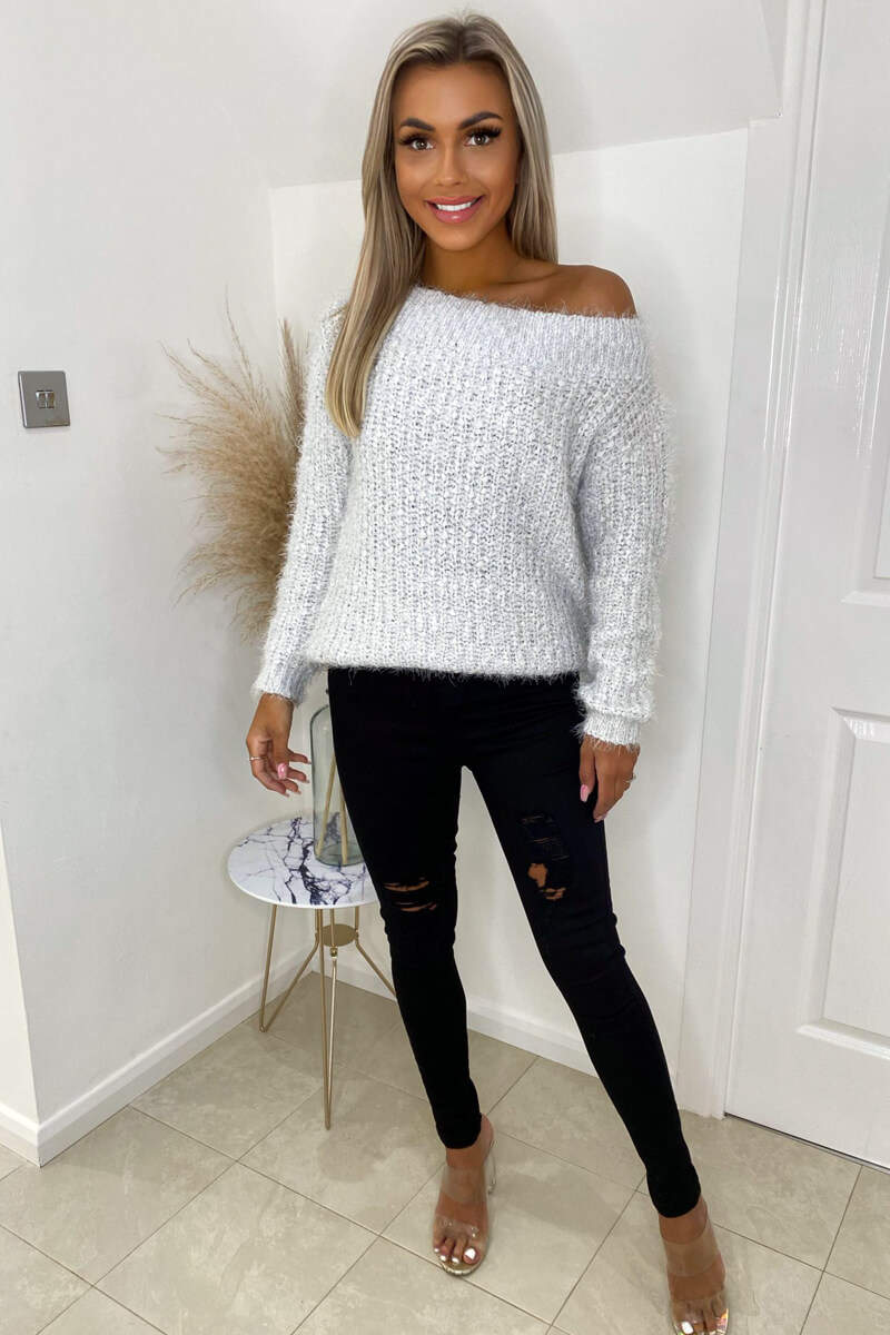 Silver Off The Shoulder Fluffy Jumper