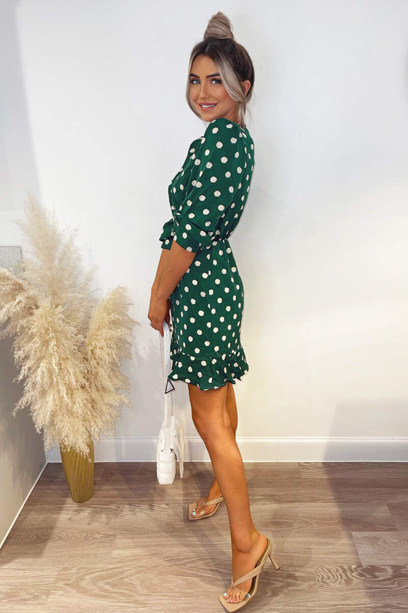 Green Spot Printed Frill Hem Dress