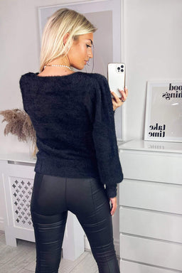 Black Square Neck Fluffy Knitted Jumper