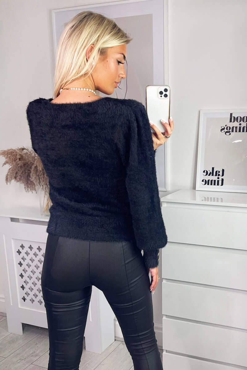Black Square Neck Fluffy Knitted Jumper