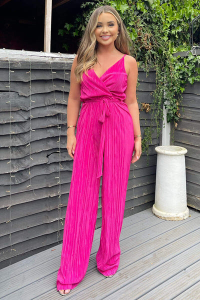 Cerise Wrap Top Tie Waist Full Length Plisse Jumpsuit