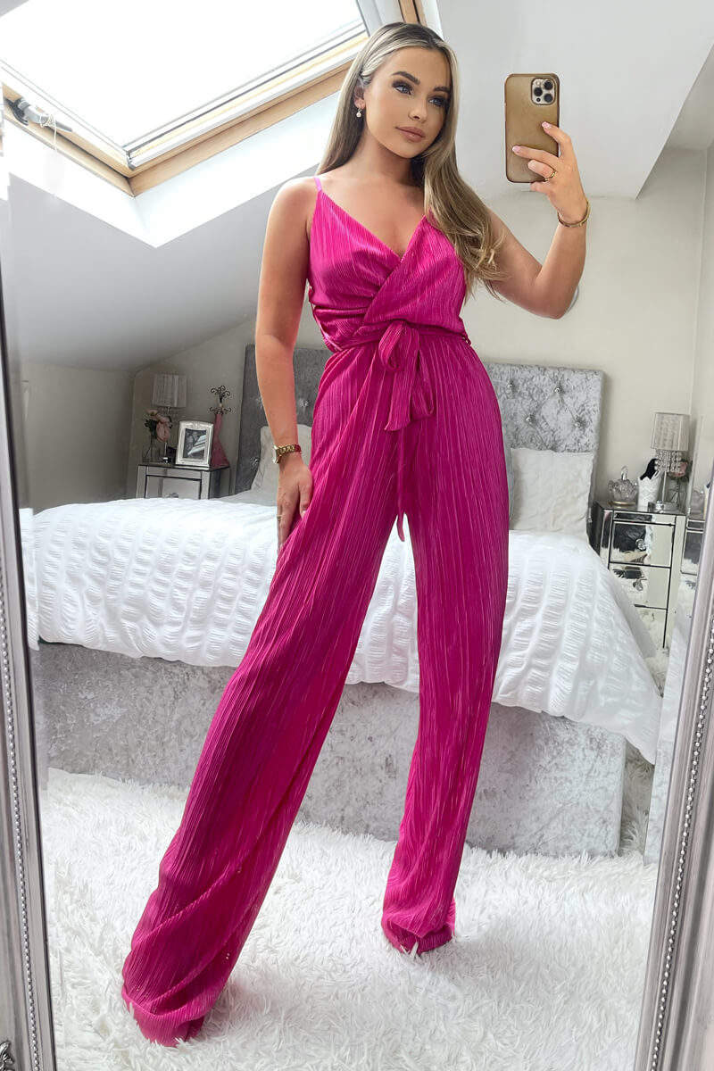 Cerise Wrap Top Tie Waist Full Length Plisse Jumpsuit