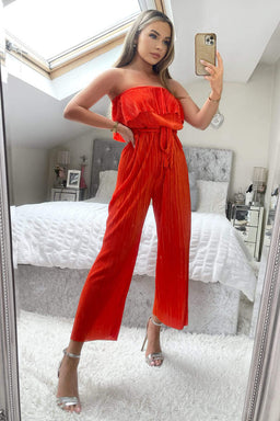 Orange Plisse Bardot Jumpsuit
