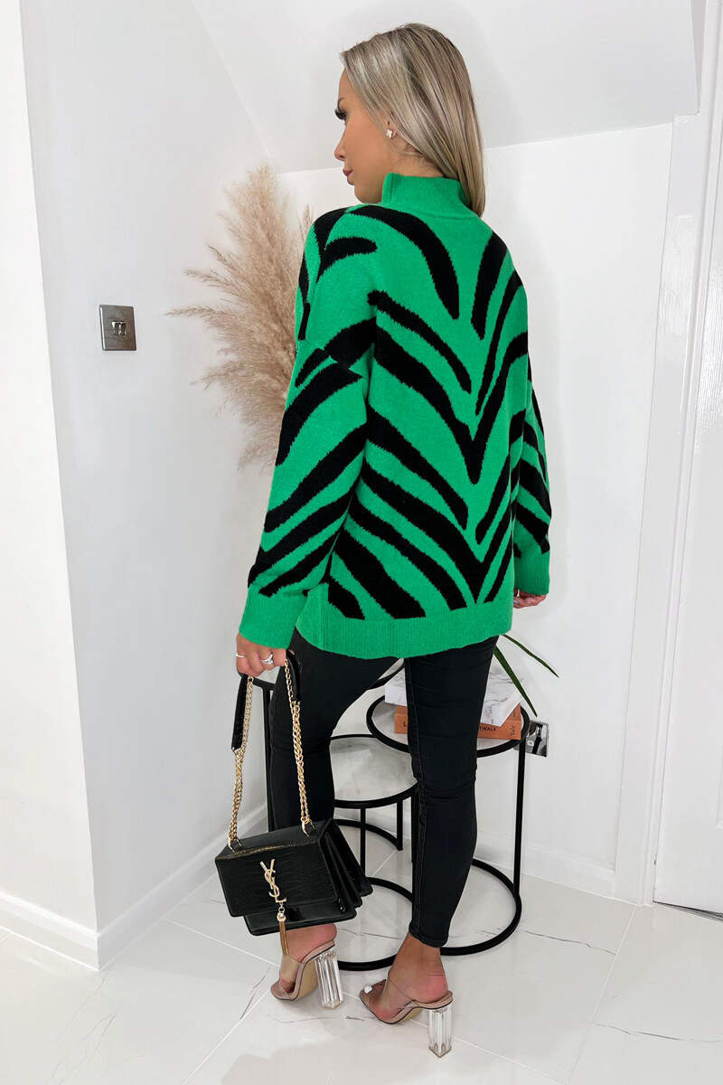 Green Animal Print Long Sleeve High Neck Soft Knitted Jumper