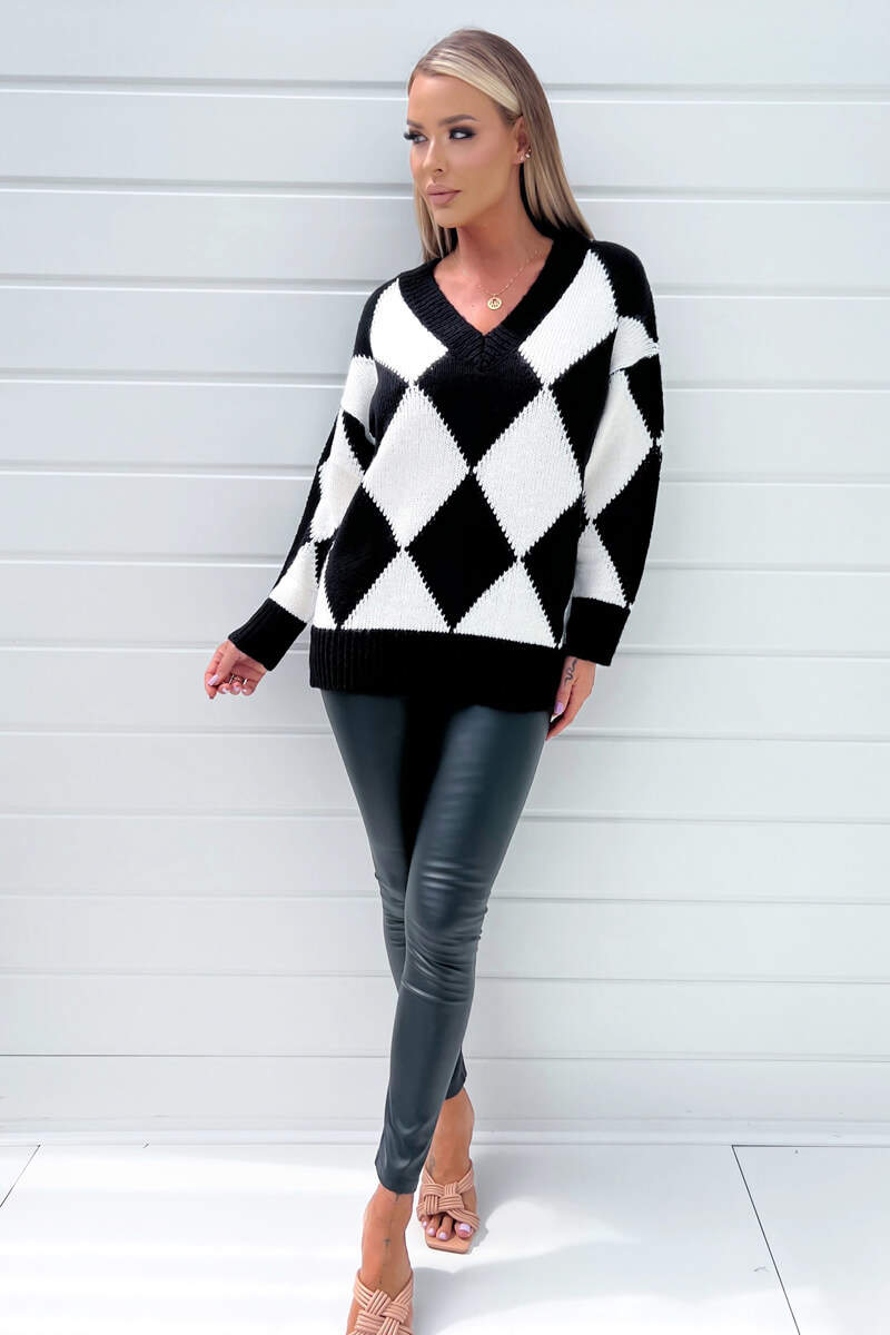 Black And White Geo Diamond Pattern V Neck Long Sleeve Knitted Jumper