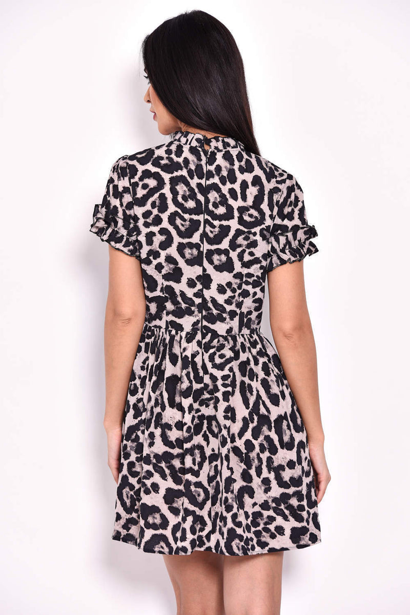Animal Print Frill Detail Skater Dress