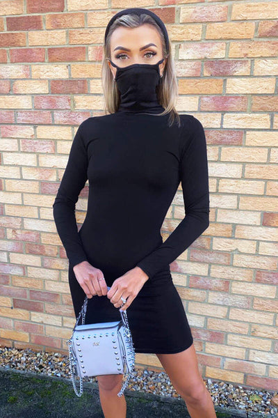 Black Jersey Long Sleeve Mask Bodycon Dress – AX Paris US