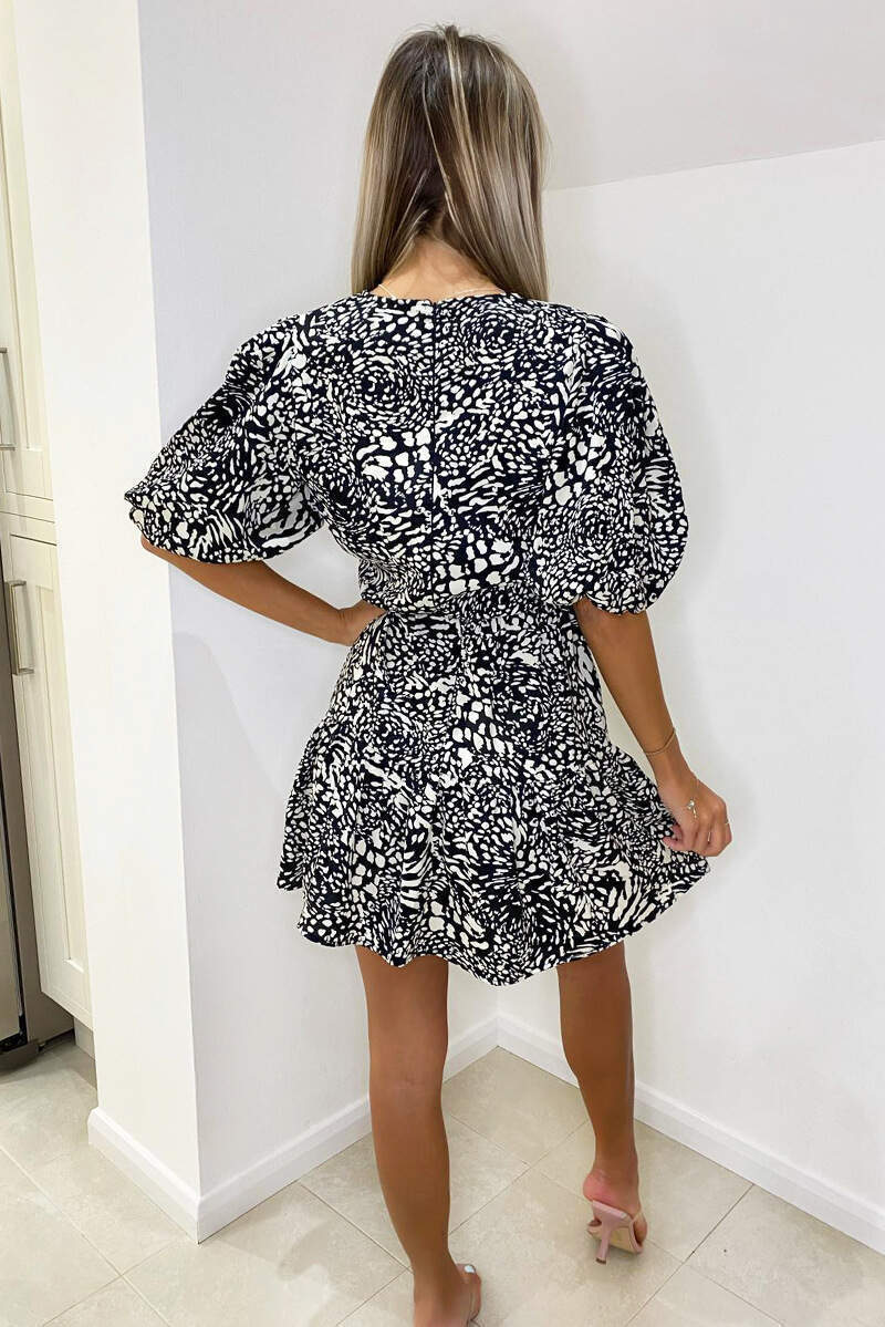 Black Multi Print Puff Sleeve Skater Dress