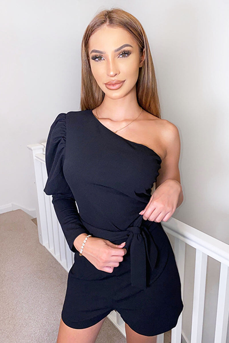 Black One Shoulder Belted Playsuit