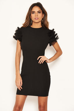 Black Ruffle Mesh Sleeve Bodycon Dress