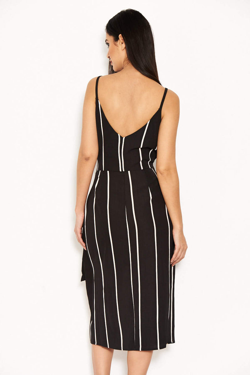 Black Striped Wrap Skirt Cut In Neck Dress