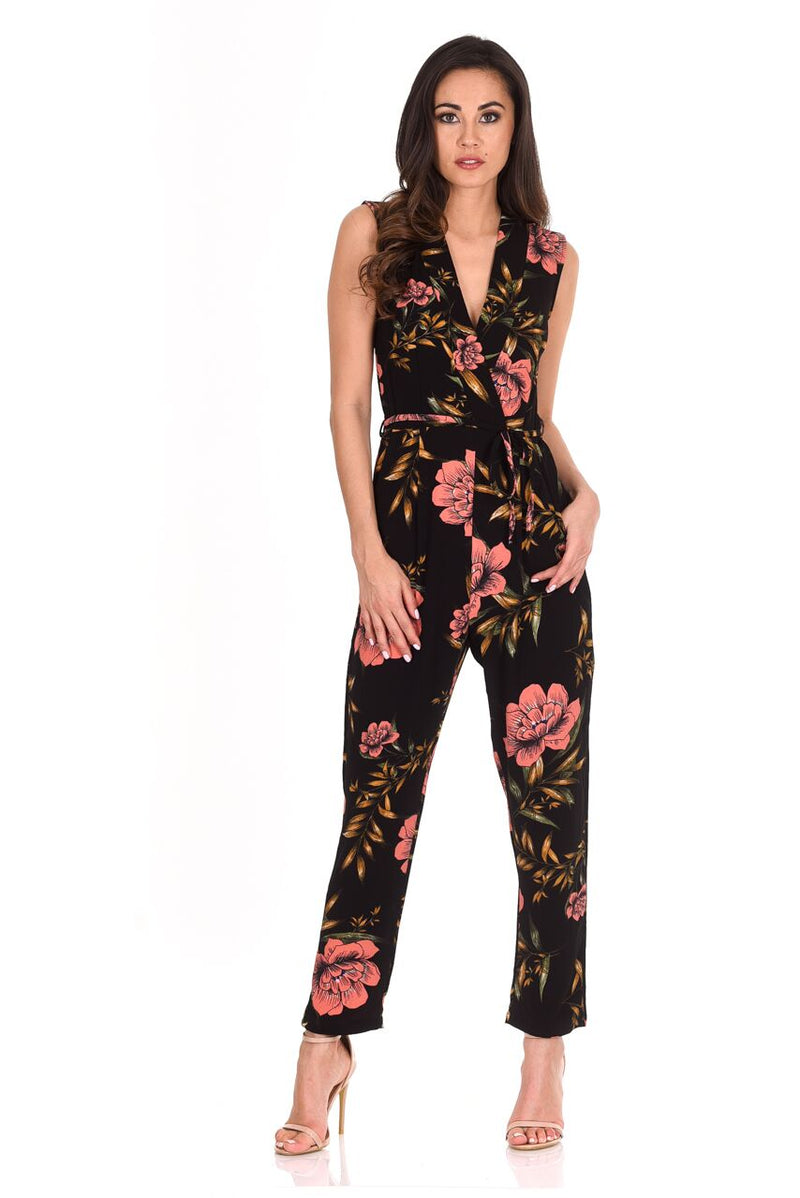 Black V-Neck Floral Print Jumpsuit