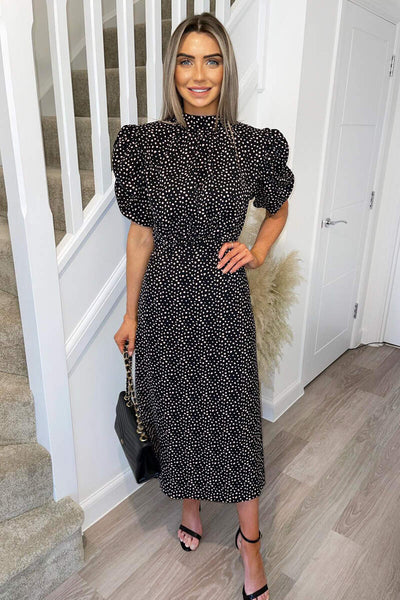 Black and Pink Polka Dot Puff Sleeve Midi Dress – AX Paris US