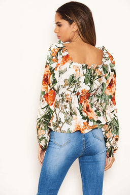 Cream Floral Square Neck Top