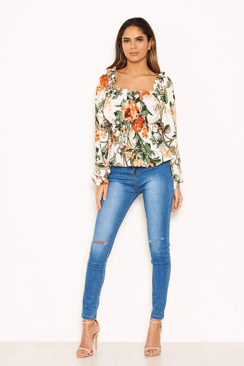 Cream Floral Square Neck Top