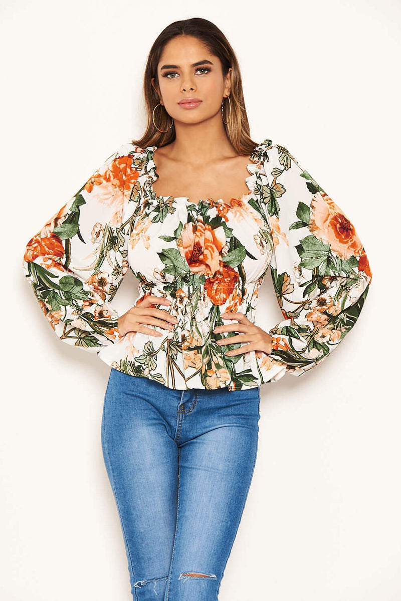 Cream Floral Square Neck Top