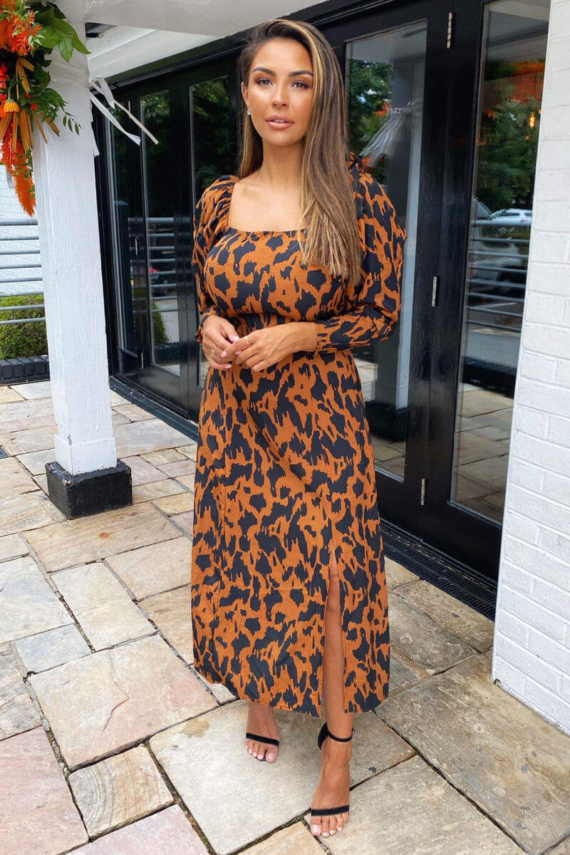 Camel Animal Print Square Neck Midi Dress