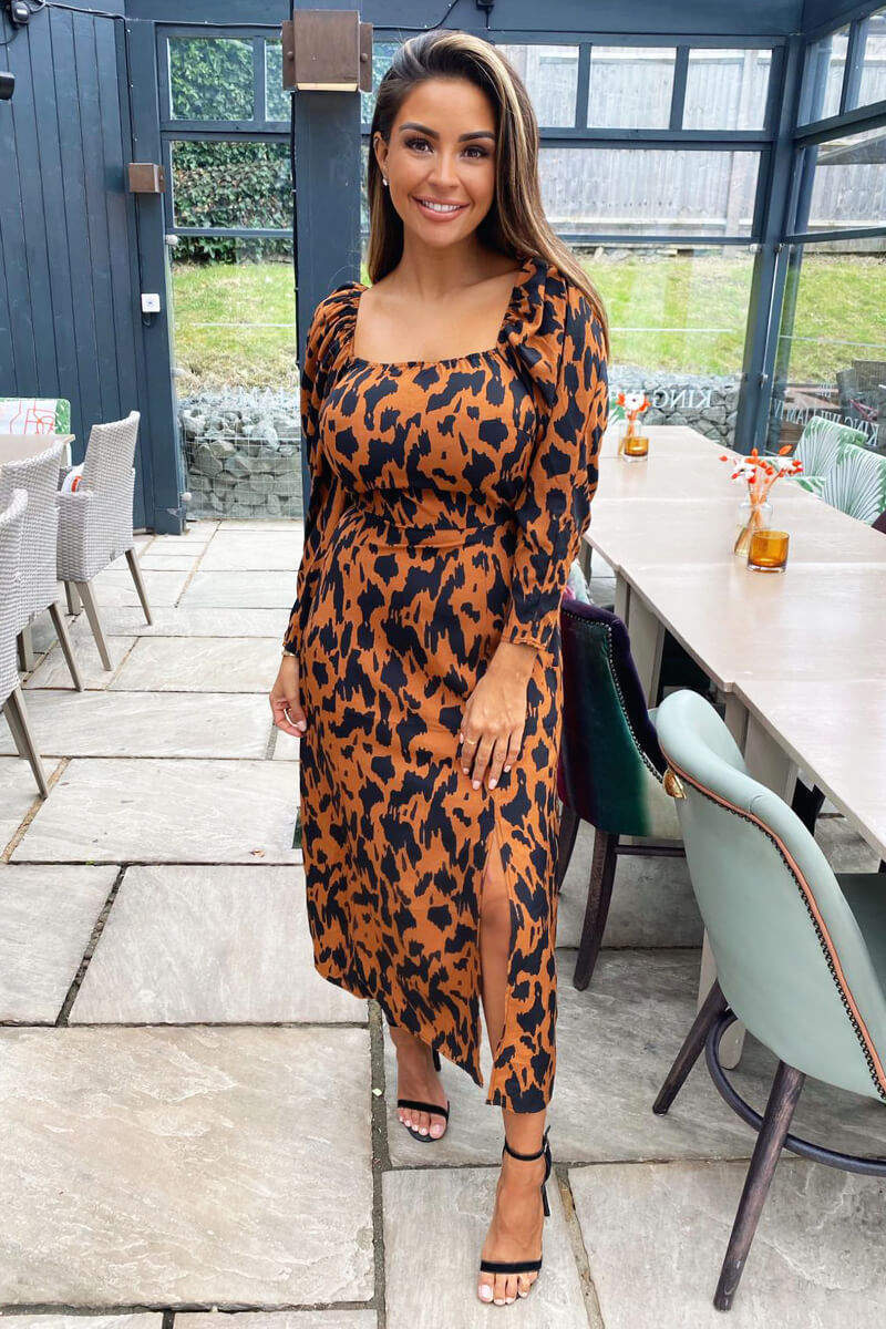 Camel Animal Print Square Neck Midi Dress