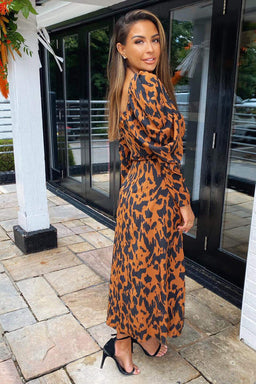 Camel Animal Print Square Neck Midi Dress