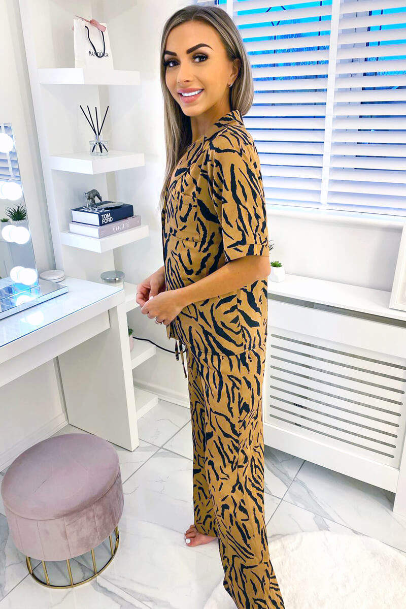 Camel Zebra Printed Satin PJ Set