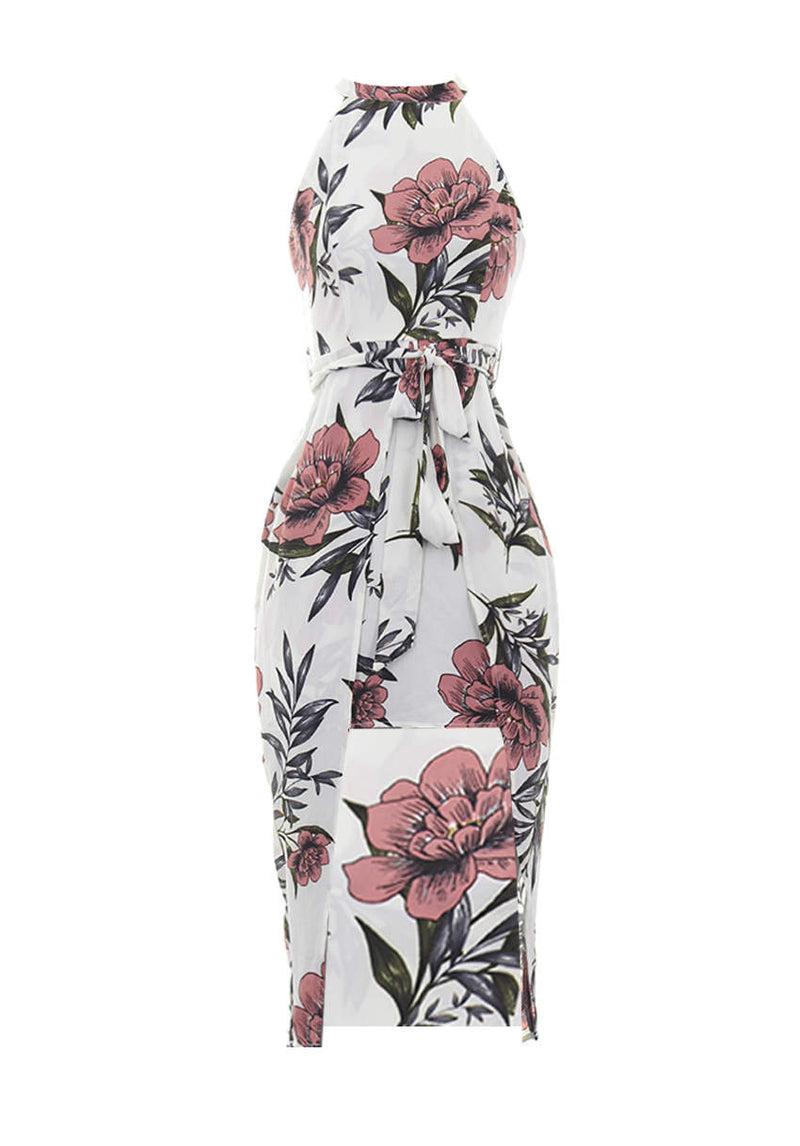 Cream Floral Wrap Over Skirt Dress