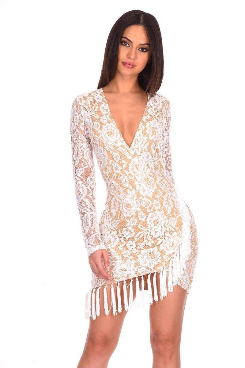 Cream Lace Sleeved Bodycon Dress