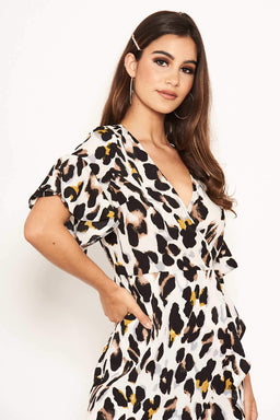 Cream Leopard Print Frill Wrap Dress