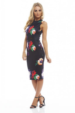 Floral Bodycon Midi With Mesh Insert