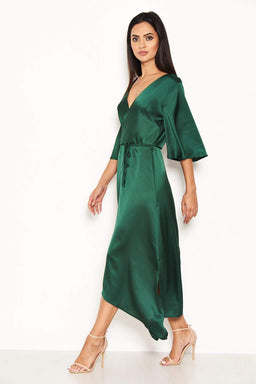 Green Midi Dress With Ruffle Sleeves And Tie Waist