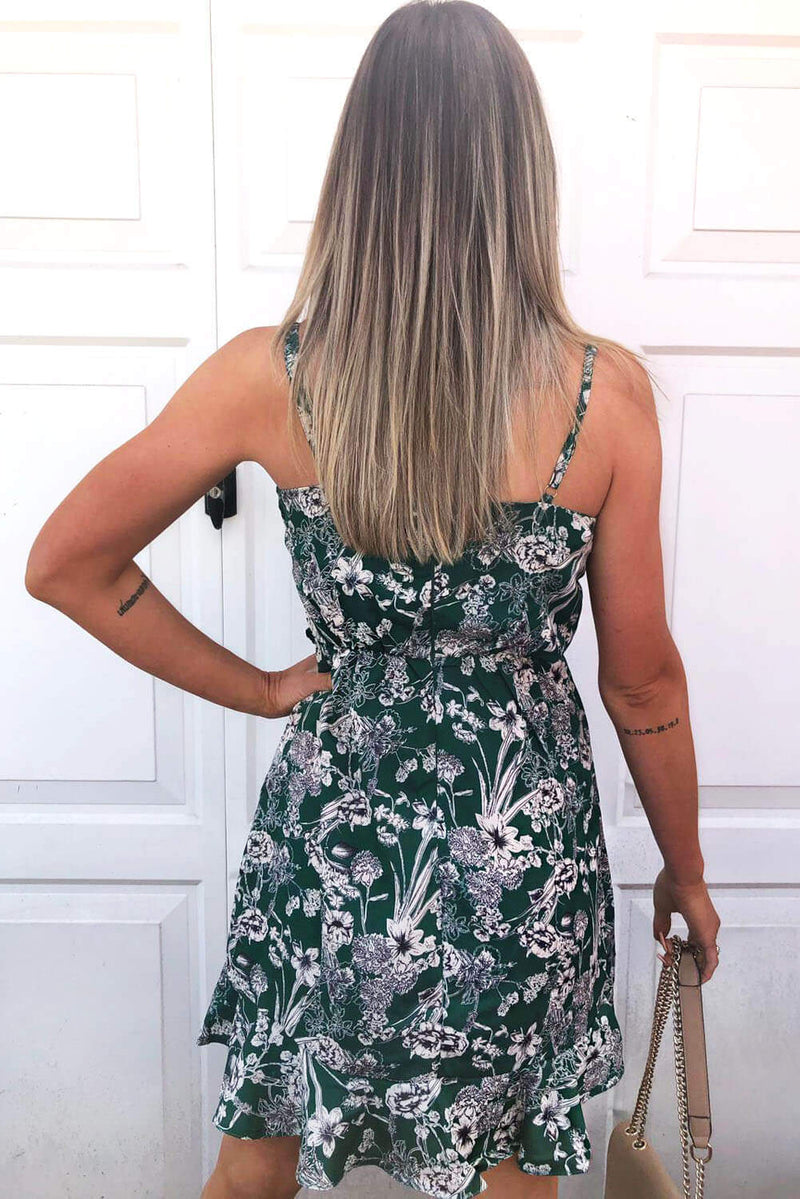 Green Floral Wrap Frill Dress