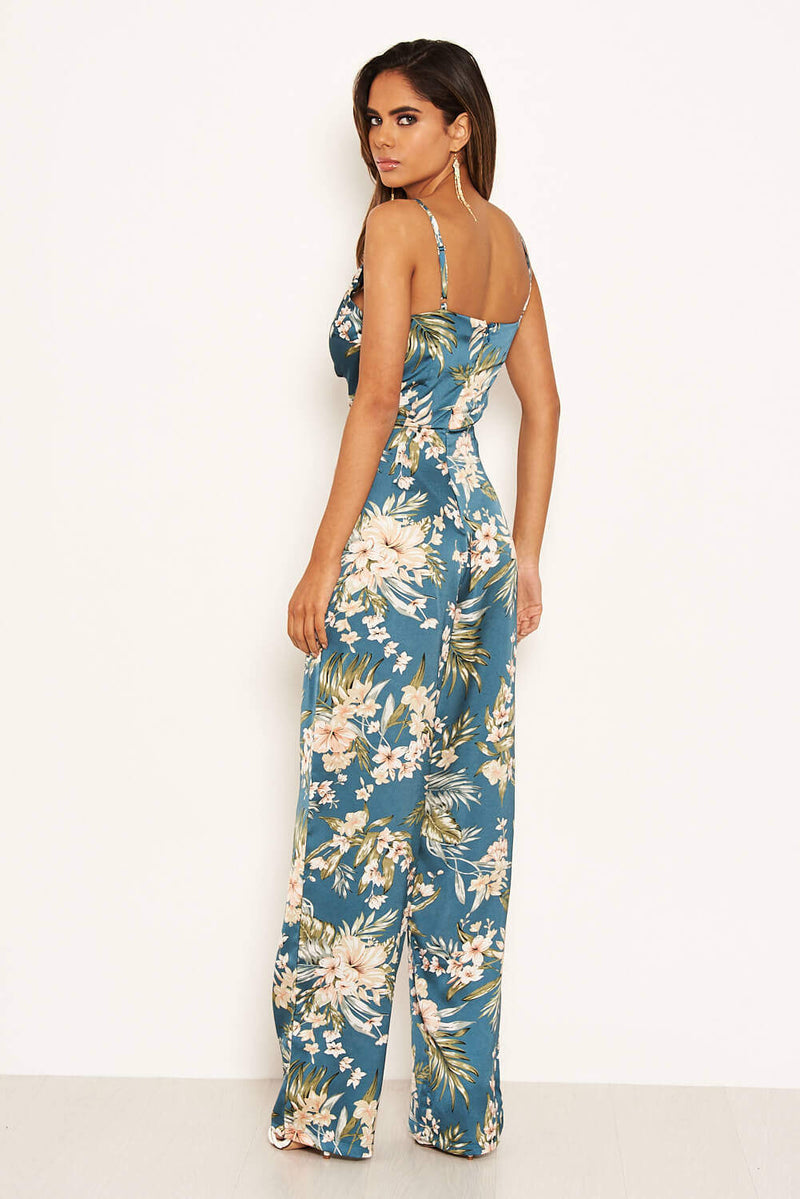 Duck Egg Printed Satin Jumpsuit