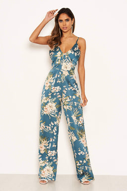 Duck Egg Printed Satin Jumpsuit