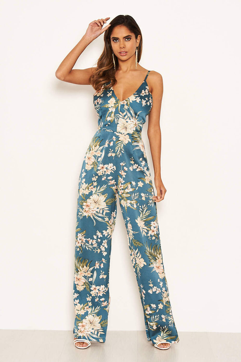 Duck Egg Printed Satin Jumpsuit